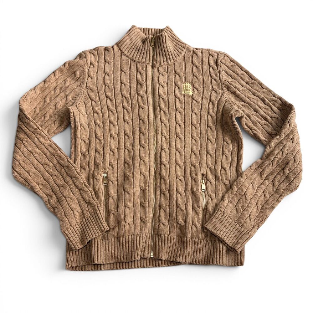 Ralph Lauren Cable-Knit Full-Zip Sweater Jacket Zip Up Brown RL Monogram Large - Picture 2 of 6
